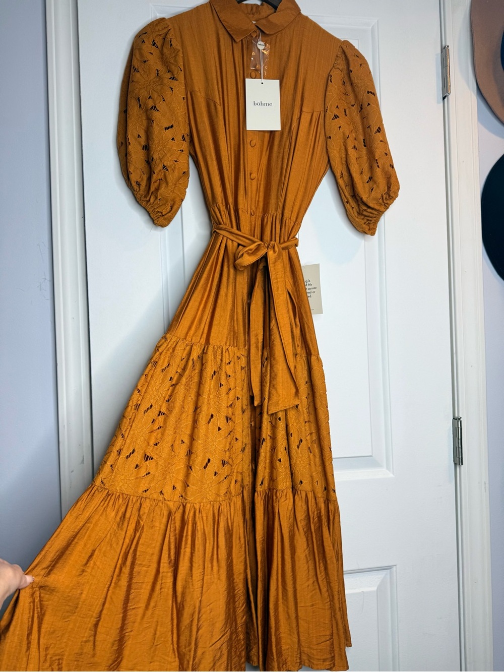 bohme Mustard Puff-Sleeve Tiered Maxi Dress Absolutely Stunning. Perfect details